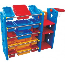 RBWTOY Kids Toys Storage Organizer 15 Plastic Bins 5 layer with shelf and Basketball Net RW-16629